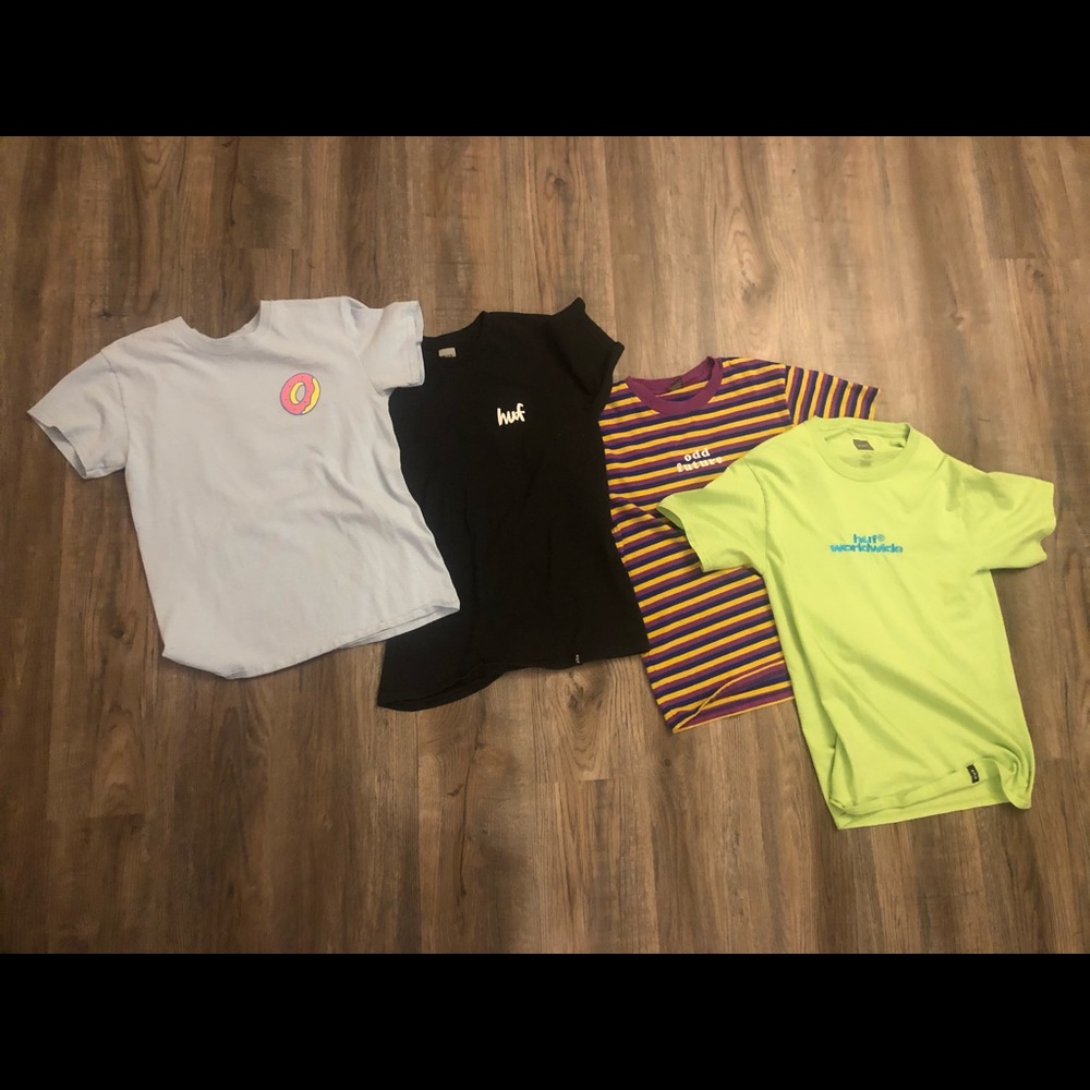 2 ODD FUTURE SHIRTS AND 2 HUF SHIRTS, SIZE SMALL